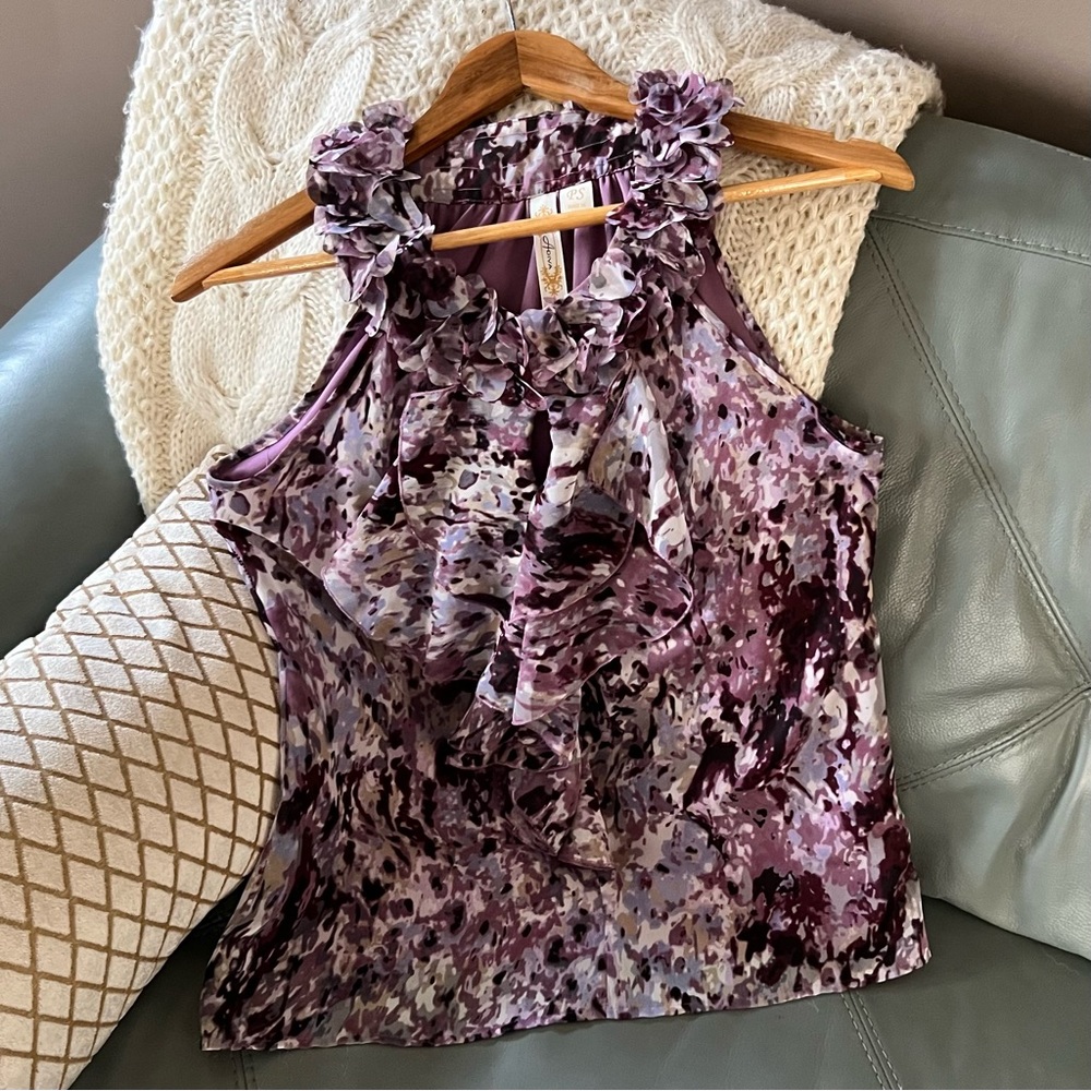 ADIVA Purple Petals RUFFLE Keyhole SLEEVELESS Feminine Lined BLOUSE Top PS